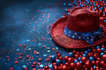 Patriotic red hat with star pattern on blue background, celebration of July 4th, American national day, stylish accessory for themed events, for advertising, stickers, and fashion textiles, copy space