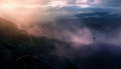 The Christian themed on a background with dramatic at dawn, with a beautiful sea of ​​clouds, dark clouds and sky and sunbeams