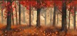 Winding road through morning sunny Autumn Forest illuminated by sunbeams through mist. Retro Fall illustration for background, poster, banner, card, puzzle
