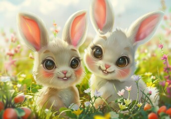 Cute bunnies: adorable bunny art featuring chubby cheeks, expressive eyes. Easter-themed content