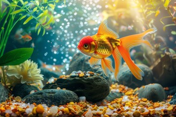 Wall Mural - Goldfish oasis. Oasis of tranquility in aquatic landscape