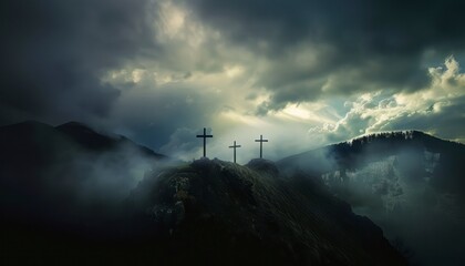 The Christian themed on a background with dramatic at dawn, with a beautiful sea of ​​clouds, dark clouds and sky and sunbeams