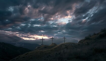 The Christian themed on a background with dramatic at dawn, with a beautiful sea of ​​clouds, dark clouds and sky and sunbeams