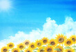 夏の空に向日葵畑の水彩画