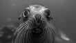Close-up of a Galapagos sea lion's whiskered face, capturing its curious expression.