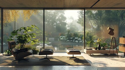 Wall Mural - Serene modern living space bathed in natural light overlooking lush greenery