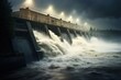 The stormy weather highlights a vast body of water enclosed by a sturdy dam at the port. Generative AI