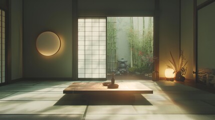 Wall Mural - Tranquil traditional Japanese room basking in soft sunlight