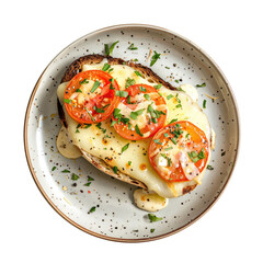 Wall Mural - Delicious Plate of Toast with Melted Cheese with Sliced Tomatoes and Basil Isolated on a Transparent Background 