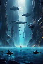 "Dive Into The Unknown With This Backlit Film Poster For "Aquas", Featuring A Futuristic Cityscape And Mysterious Creatures Lurking In The Depths."
