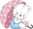 Vector illustration of a cute baby bear with a pink polka dot umbrella.