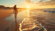 a joyful woman strolling along a sunlit beach