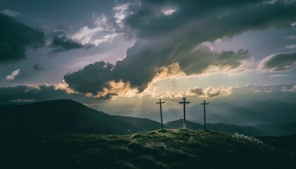 Wall Mural - View of the Cross on the hill at dawn, with a beautiful sea of ​​clouds