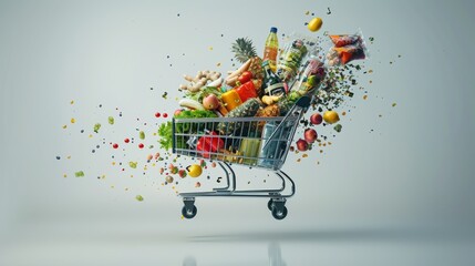 Wall Mural - Explosion of fresh groceries and shopping items in a cart symbolizing abundant food choices