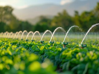 A field of green lettuce is being watered by a sprinkler system. The water is coming out of the sprinklers in a steady stream, creating a peaceful and serene atmosphere