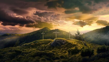 Wall Mural - View of the Cross on the hill at sunlight, with a beautiful sea of ​​clouds