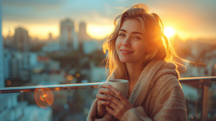 a joyful woman basking in the warm glow of the morning sun