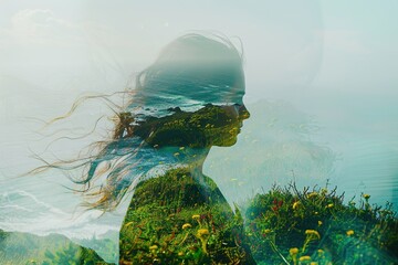 photo, double exposure, pretty woman on a green hillside overlooking the ocean, negative space. Inspired, happy vibes, bright colours