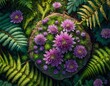Top view, Surrounded by verdant ferns, clusters of purple heather bloom, their tiny flowers adding bursts of color to the lush forest floor.