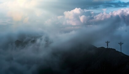 Wall Mural - View of the Cross on the hill at dawn, with a beautiful sea of ​​clouds