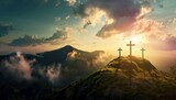Fototapeta  - View of the Cross on the hill at sunlight, with a beautiful sea of ​​clouds