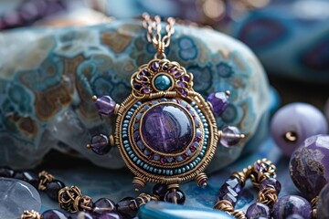 Handcrafted Purple Gemstone Pendant on Blue Texture
