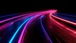 Abstract background with neon light rays and glowing lines on black background. Glowing speed road line in blue pink red purple colors.