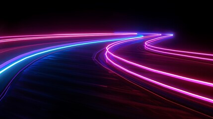 Wall Mural - Abstract background with neon light rays and glowing lines on black background. Glowing speed road line in blue pink red purple colors.