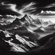 Mountain landscape with snow-capped peaks in the clouds. Black and white print art.