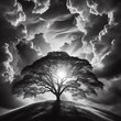 Conceptual image of tree silhouette against sky with clouds at sunset. Black and white print art.