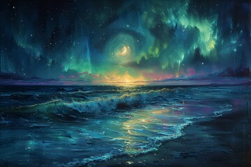 Wall Mural - A painting of a beautiful ocean with a large moon in the sky