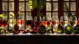 Fototapeta  - A tasteful display of wine variety, glasses of red, rose, and white wine lined up, each telling its own story through color and shadow, AI Generative