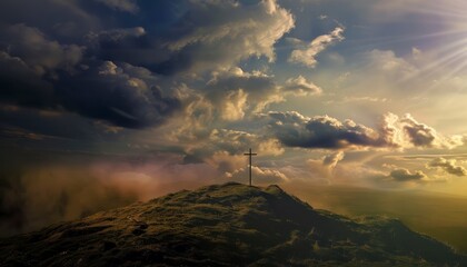 Wall Mural - View of the Cross on the hill at sunlight, with a beautiful sea of ​​clouds