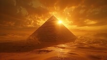 Ancient Pyramid Rising From The Desert, Sunset Silhouette Against Vast Sands, Monumental, Echoes Of A Forgotten Civilization, AI Generative