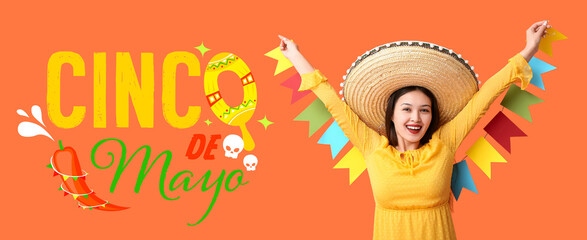 Wall Mural - Happy Asian woman in Mexican sombrero hat and with festive garland on orange background