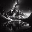 Fantasy landscape with mountains and lake. Black and white print art.
