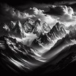 Beautiful mountain landscape in the clouds. Black and white print art. 