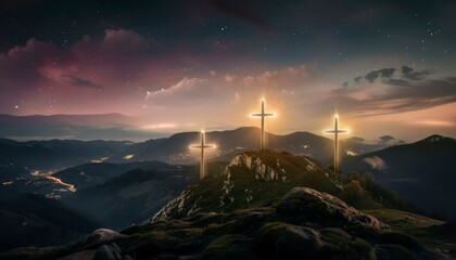 Wall Mural - View of the Cross on the hill at dawn, with a beautiful sea of ​​clouds