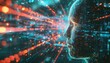 Immerse viewers in a cyberpunk world with a high-angle view of a neural network connecting minds, rendered in photorealistic detail and glitch art distortions