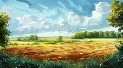 Wall Mural - Summer evening scene in rural area with cloudy sky background and cultivated land providing food for animals