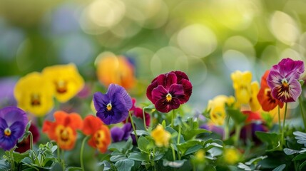 Canvas Print - Colorful pansies grow in garden amid green leaves