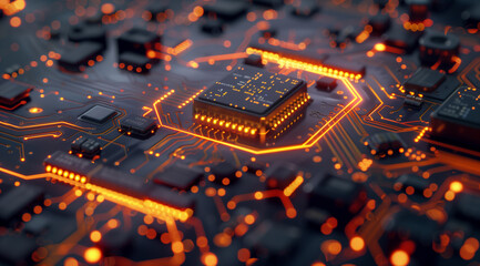 Sticker - Glowing Circuit Board with Golden Traces of Data Transmission