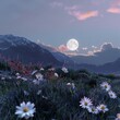 Mountain flowers with moon rising behind, tranquil scene, dusk, low angle