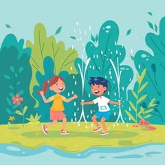 Children playing under sprinkler, summer garden, flat vector, side view