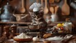Funny cat chef cooking in kitchen, adorable cute kitten in chef hat prepare a meal with ingredient, pet animal in costume joke message greeting card blogging concept