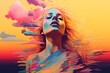 Capture a surreal scene of a traveler at a tilted angle, facing their inner fears manifested as surreal elements in a psychedelic color palette using digital glitch art