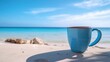 blue cup on white sand beach over blue sky.AI generated image