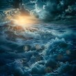 Stormy ocean with Bitcoin coins floating, surreal scene, morning light, side view