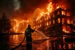 A brave young firefighter is spraying water on the raging flames with a hose