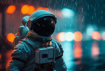 Wall Mural - Astronaut in Space Suit Standing in Rain